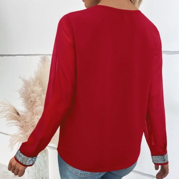 Red Contrast Sequin Mesh Sleeve Blouse - Picture 3 of 8